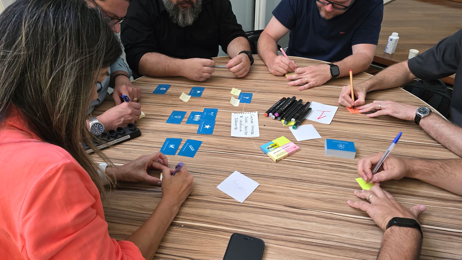 A group working together with cards, notes, and hands-on activities.