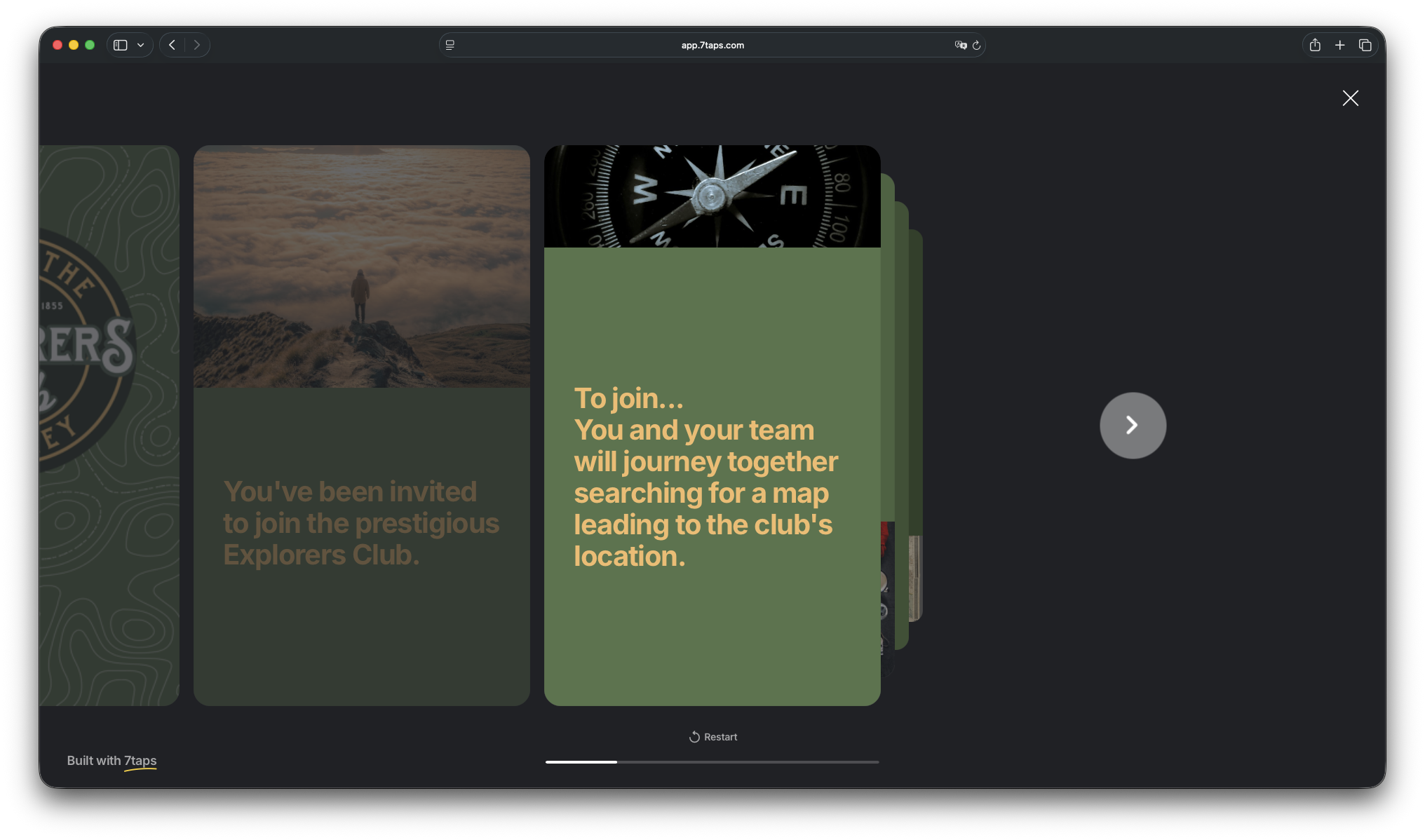 Explorers Club instructions displayed as a mobile 7taps microlearning sequence.