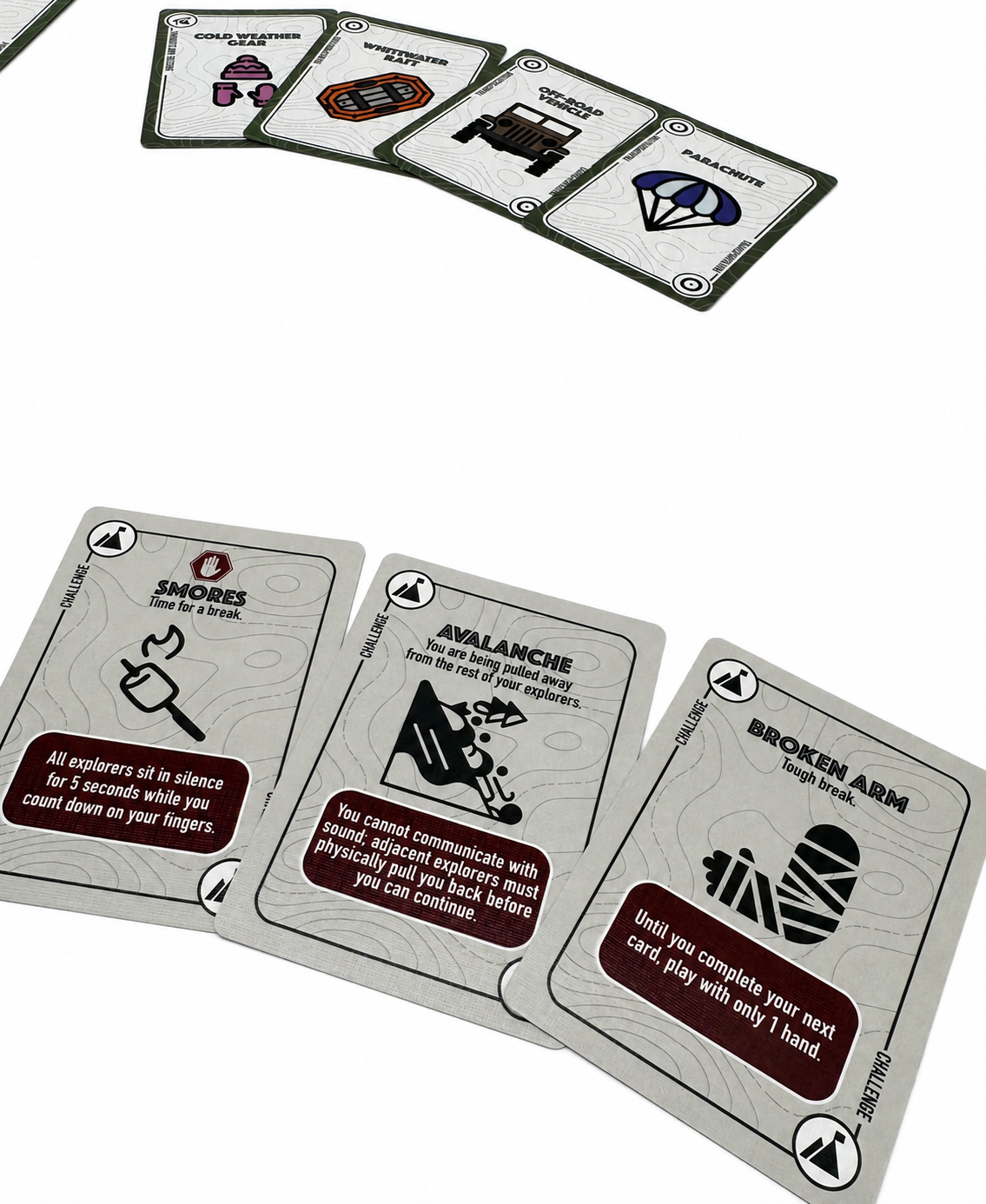Explorers Club group challenge cards alongside supply cards.