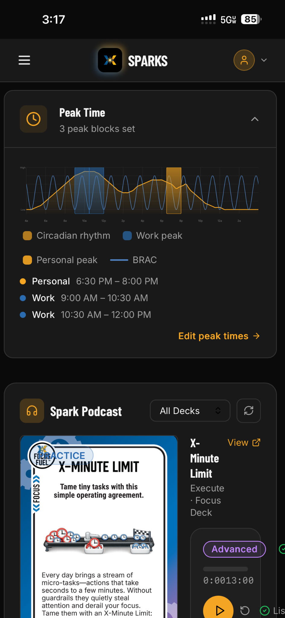 Sparks Learning Lab mobile screen with Peak Time planning and an audio learning activity